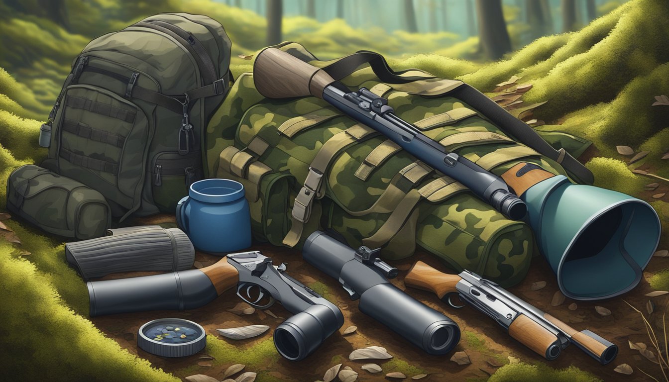 A hunter's backpack, shotgun, and camouflage clothing laid out on a mossy forest floor, with a clear blue sky overhead