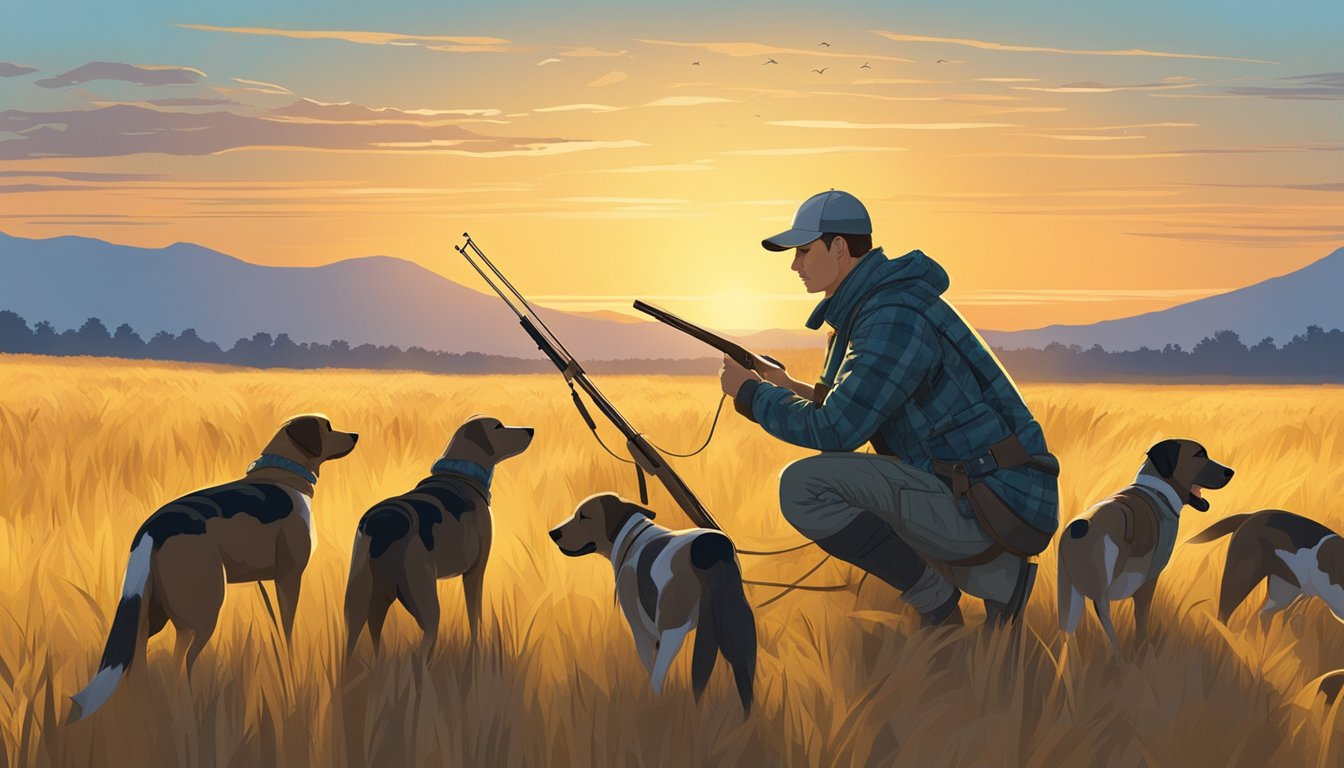 A hunter sets up decoys in a golden field at sunrise. Dog eagerly awaits the hunt. Blue sky, calm wind