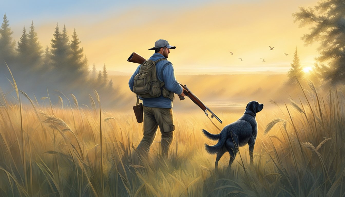 A misty morning in a grassy field, with dew-covered shrubs and a clear blue sky. A hunter with a shotgun and a loyal bird dog are quietly stalking through the tall grass, searching for sharp-tailed grouse