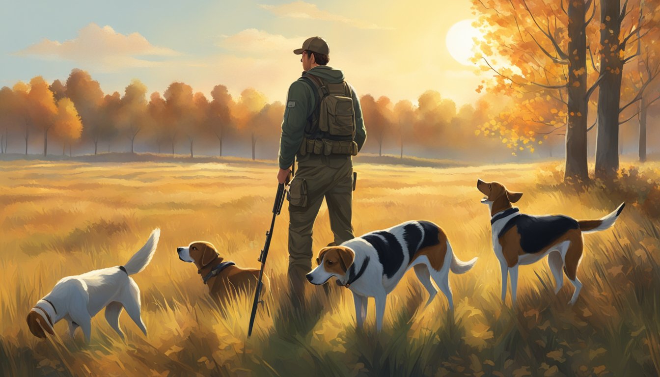 A sunny, crisp autumn morning in a grassy field with scattered bushes and trees. A pair of hunting dogs eagerly sniff the ground, while a hunter scans the horizon with a shotgun in hand