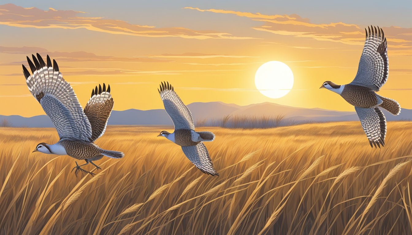 A clear, crisp morning with the sun rising over a vast, open prairie. Tall grasses sway gently in the breeze as a group of sharp-tailed grouse take flight