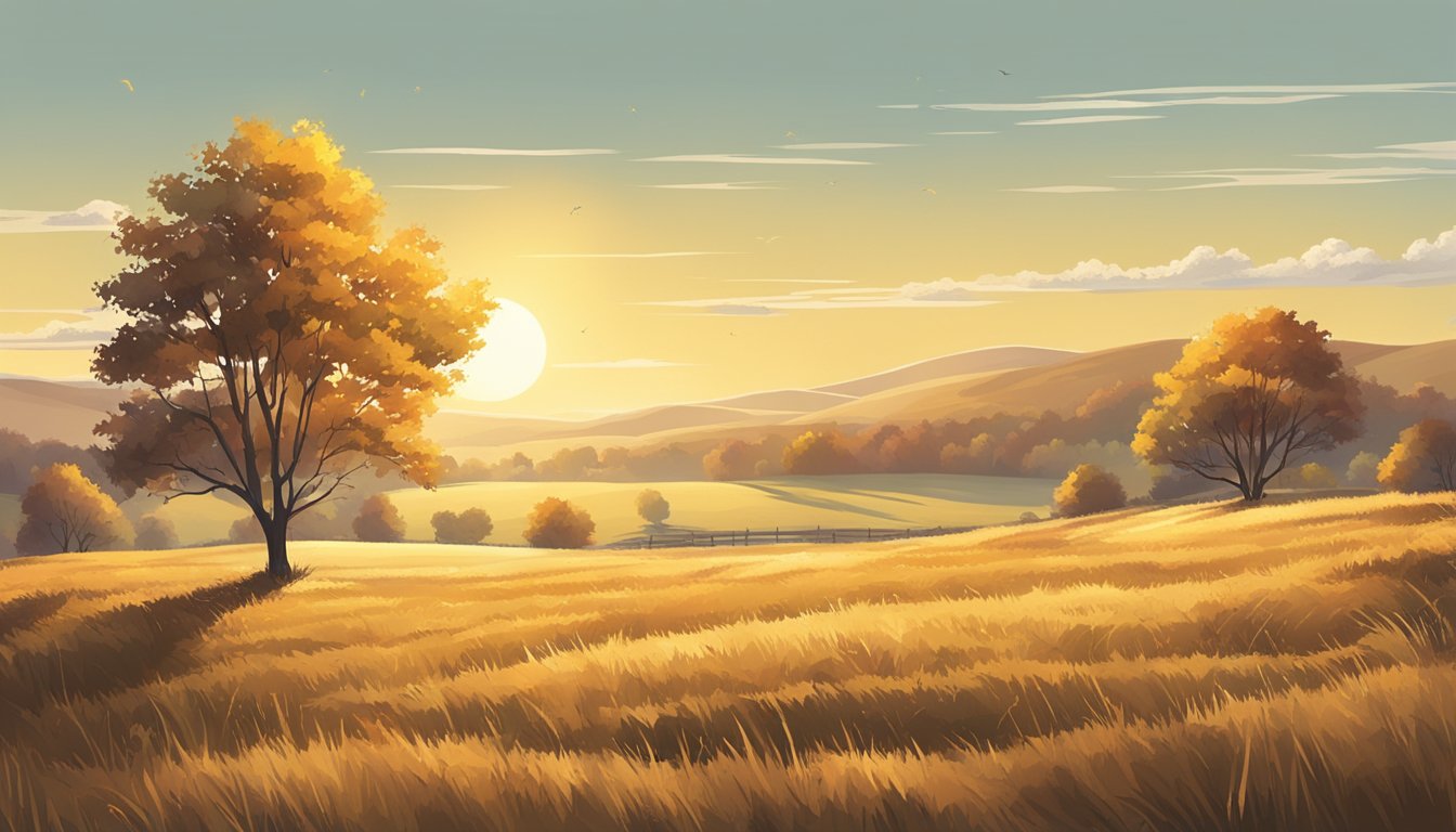 A sunny, crisp autumn morning in a vast open field with scattered bushes and tall grass, surrounded by rolling hills and distant trees