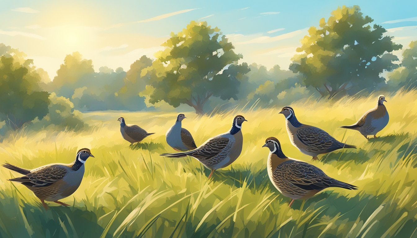 A sunny morning in a grassy field with scattered bushes and trees. A group of quails is seen pecking at the ground, with a clear blue sky above