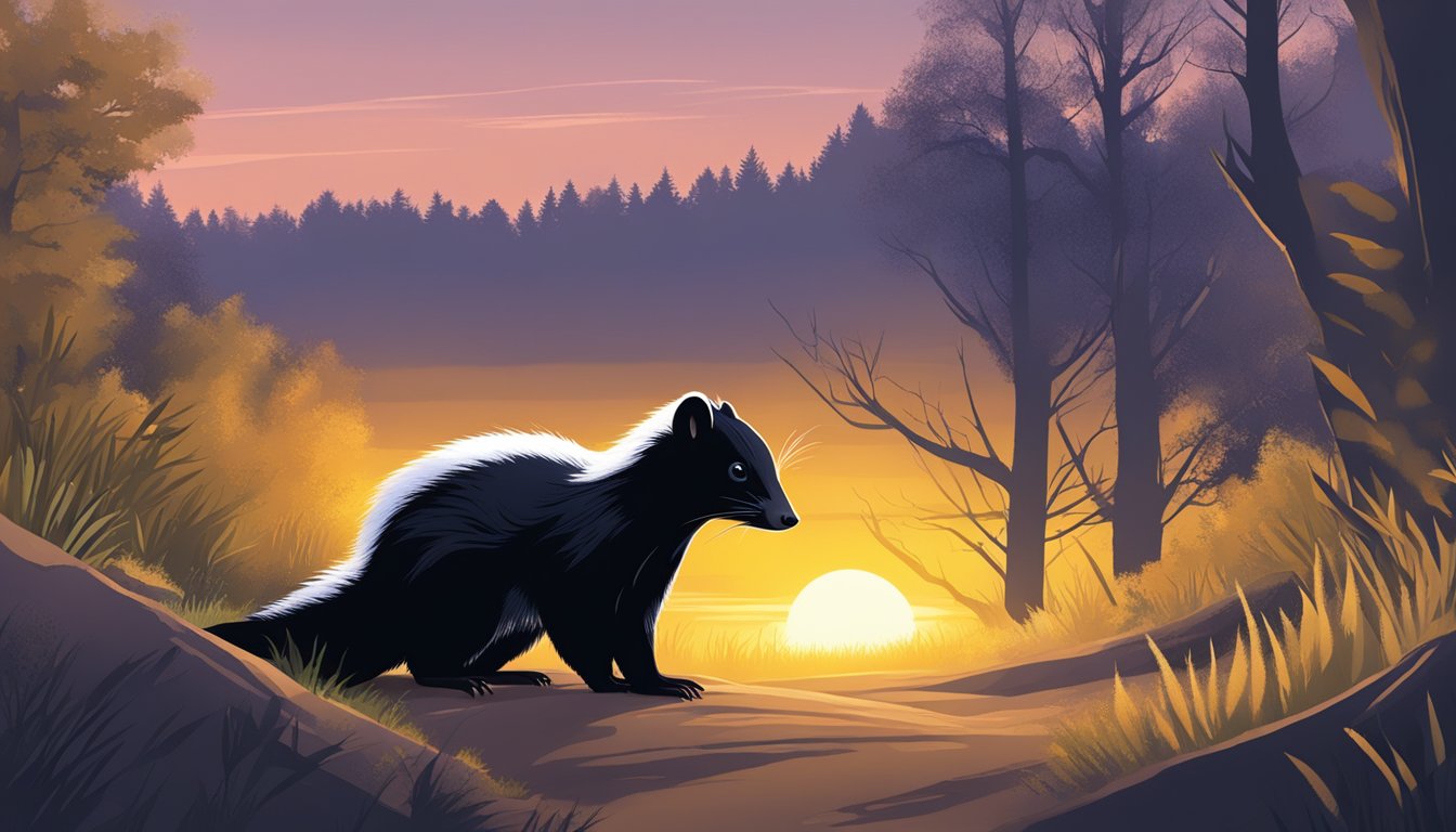 A skunk emerges from its burrow at dusk, sniffing the air for the best weather to hunt. The sun sets behind the silhouette of trees