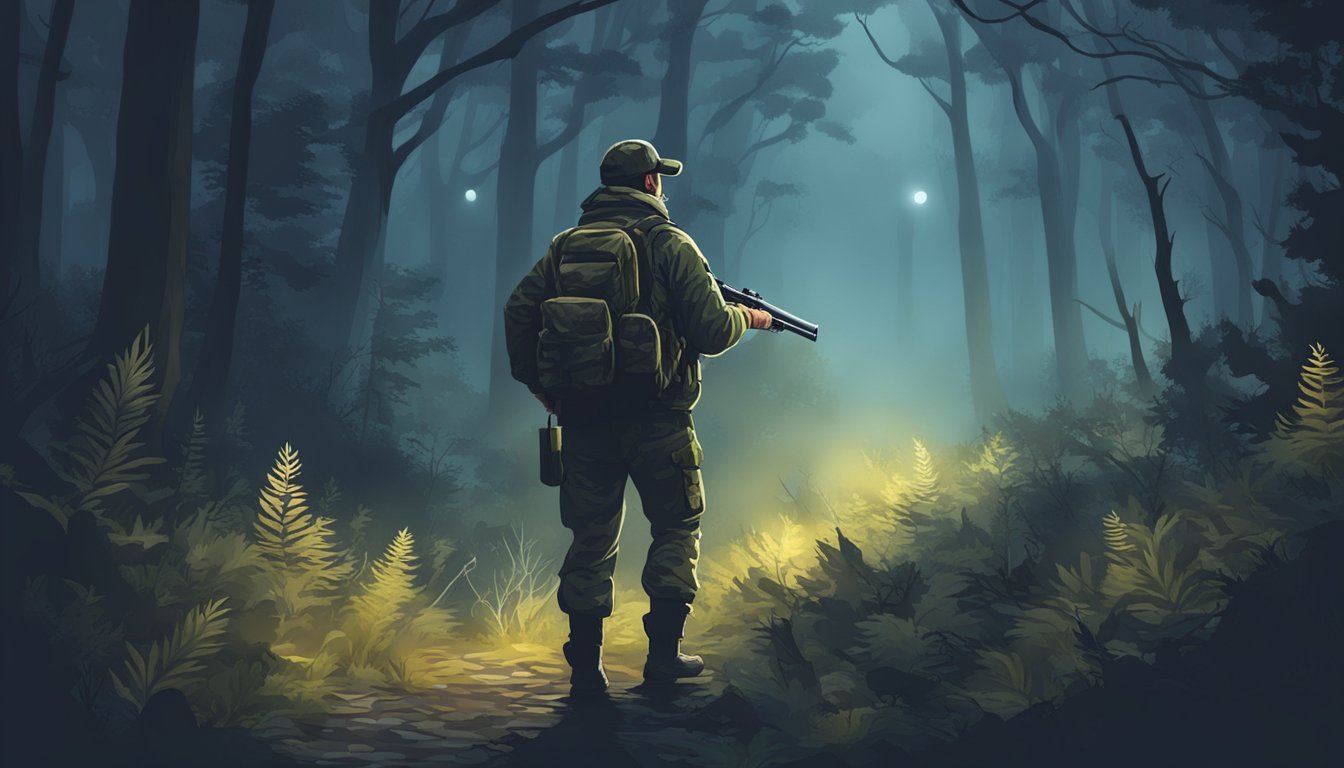 A hunter in camouflage with a shotgun and flashlight, moving stealthily through a dark, misty forest at night, searching for skunks