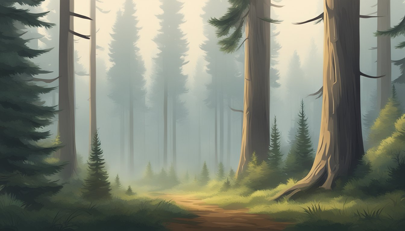 A misty forest with tall spruce trees, damp ground, and a gentle breeze