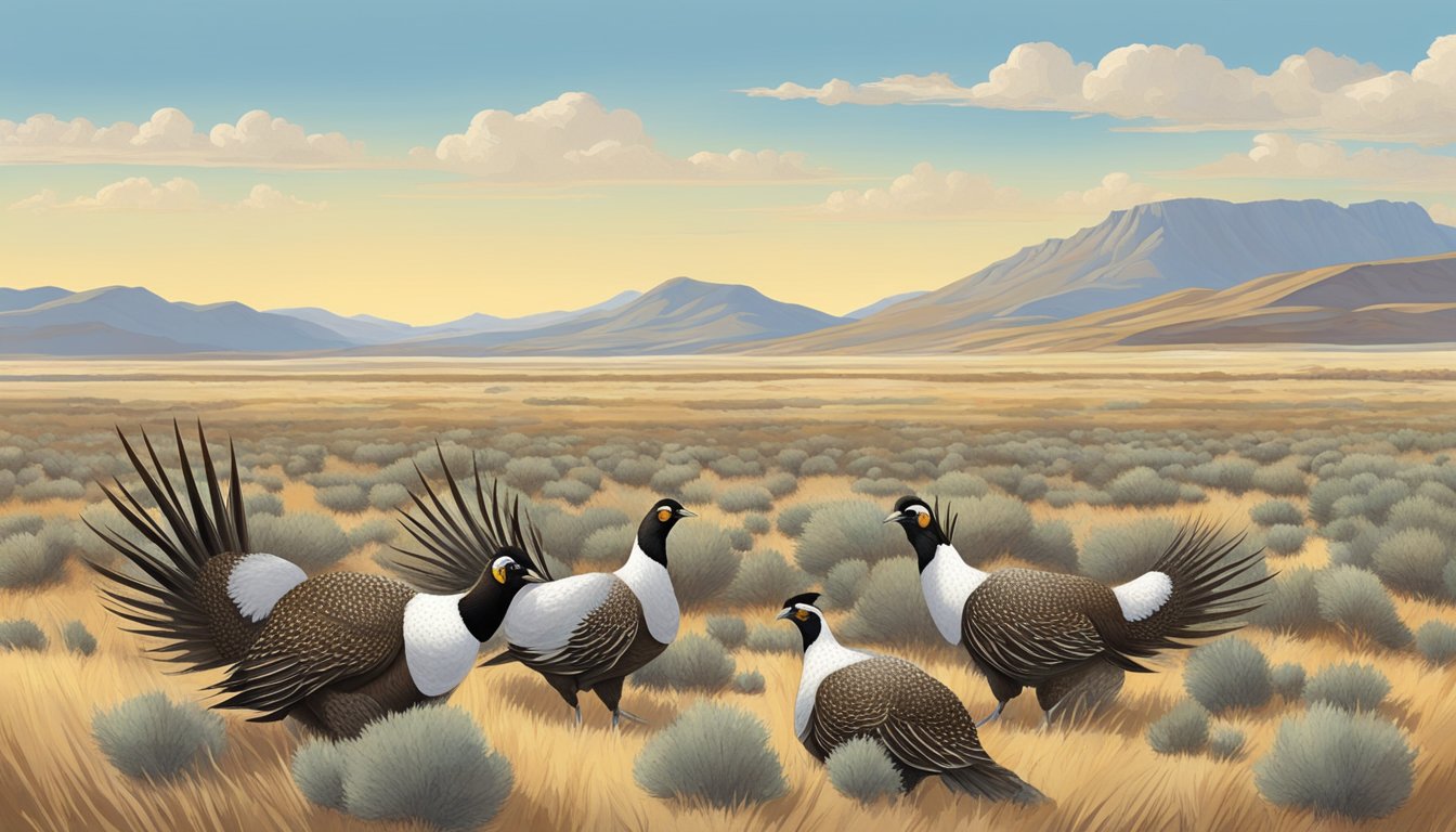 A group of sage grouse foraging in a vast, open sagebrush plain under a clear blue sky