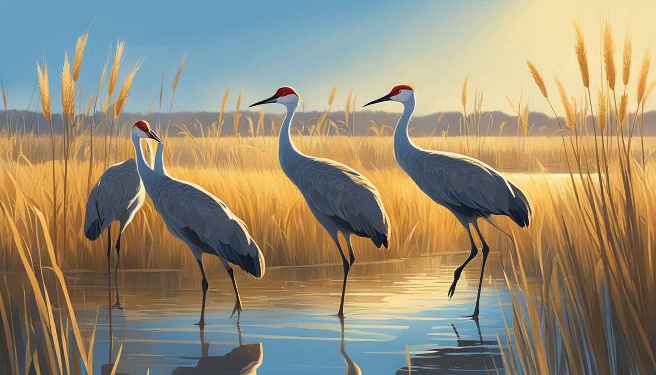 A group of sandhill cranes wade through a shallow marsh under a clear blue sky, with golden sunlight casting long shadows on the reeds and water