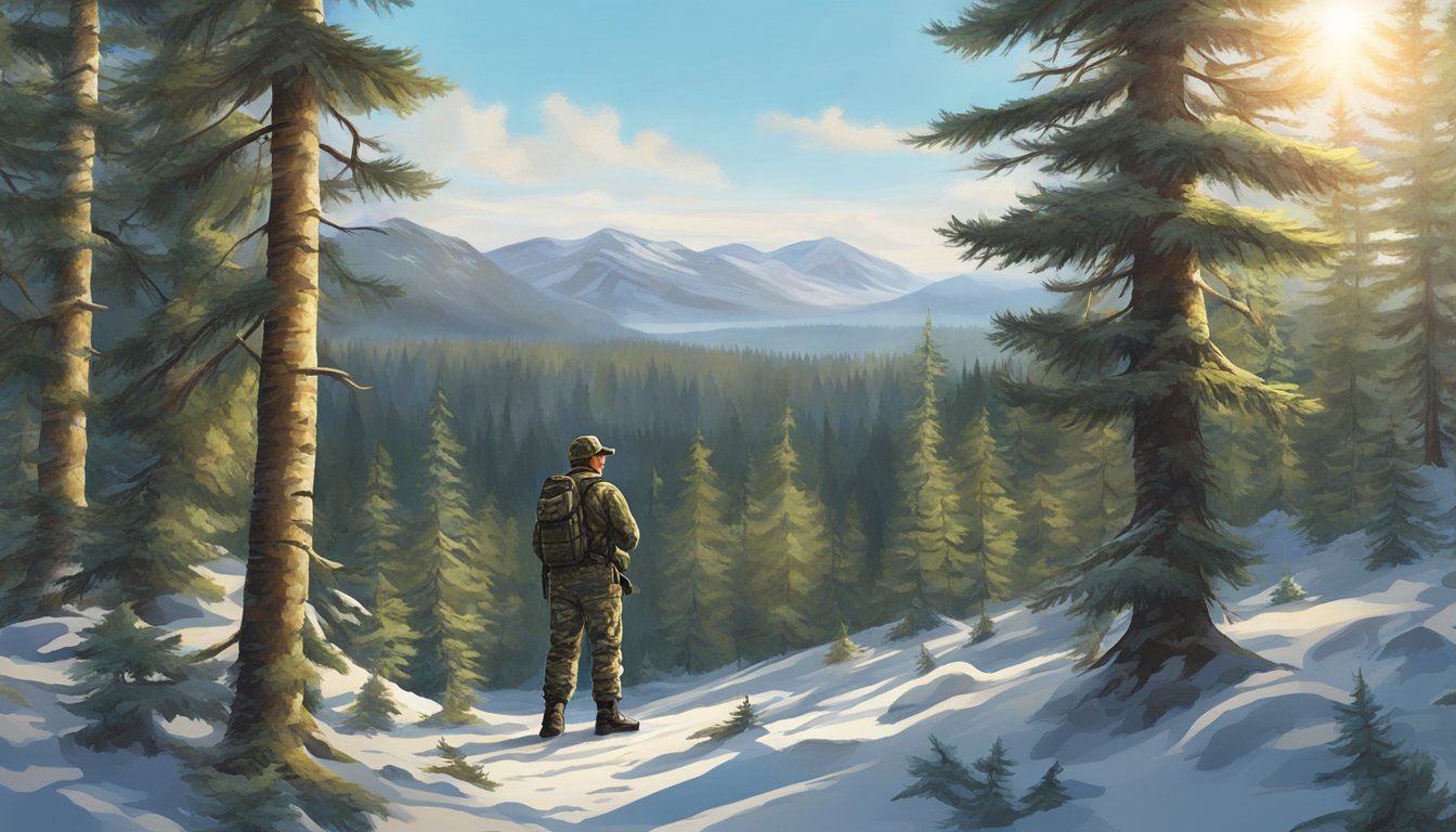 A hunter in camouflage gear stands in a forest clearing, surrounded by tall spruce trees. The sky is clear and the sun is shining, creating perfect conditions for spruce grouse hunting