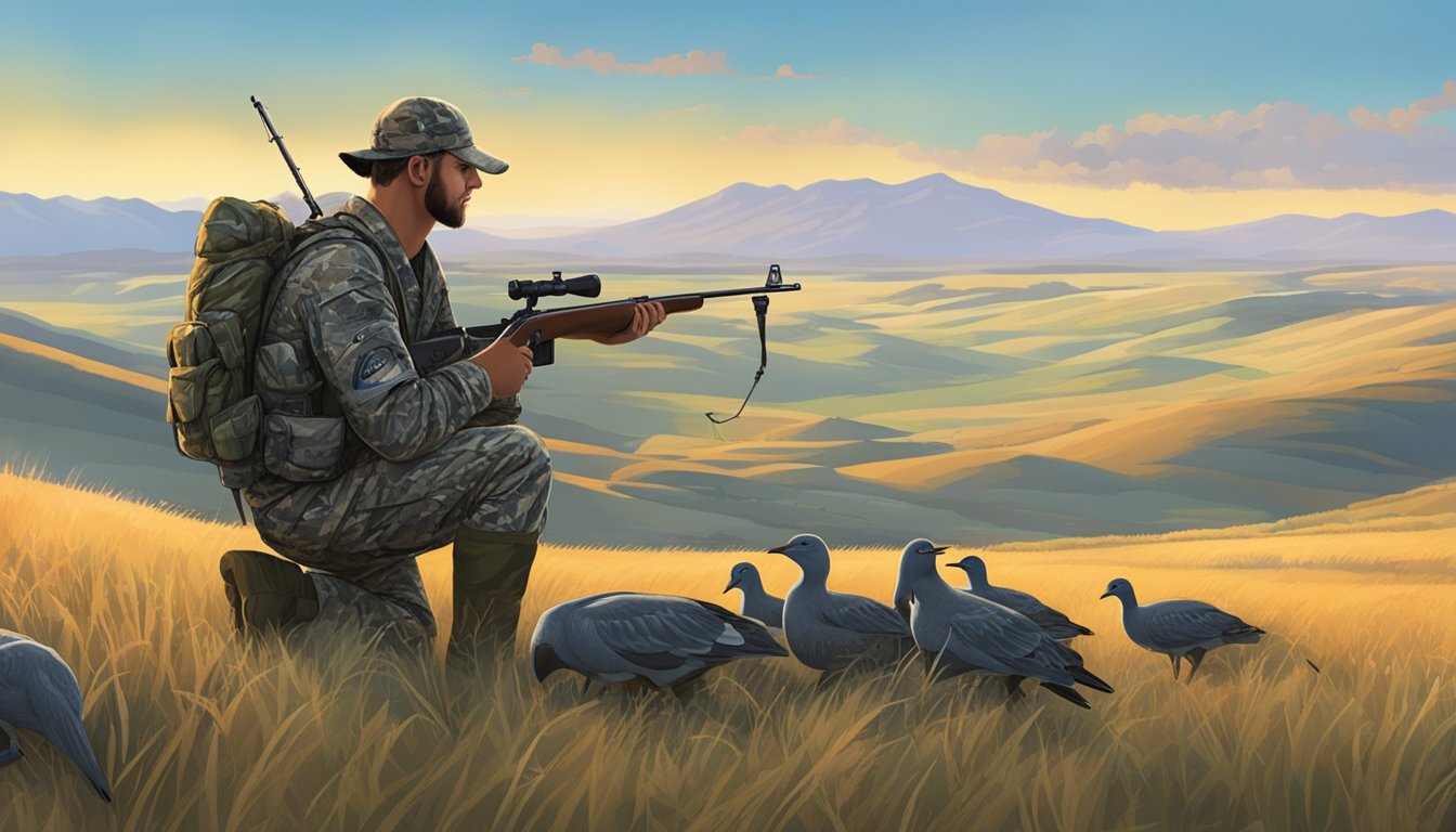 A hunter in camouflage gear sets up decoys in a vast, open field at dawn, surrounded by rolling hills and a clear, blue sky