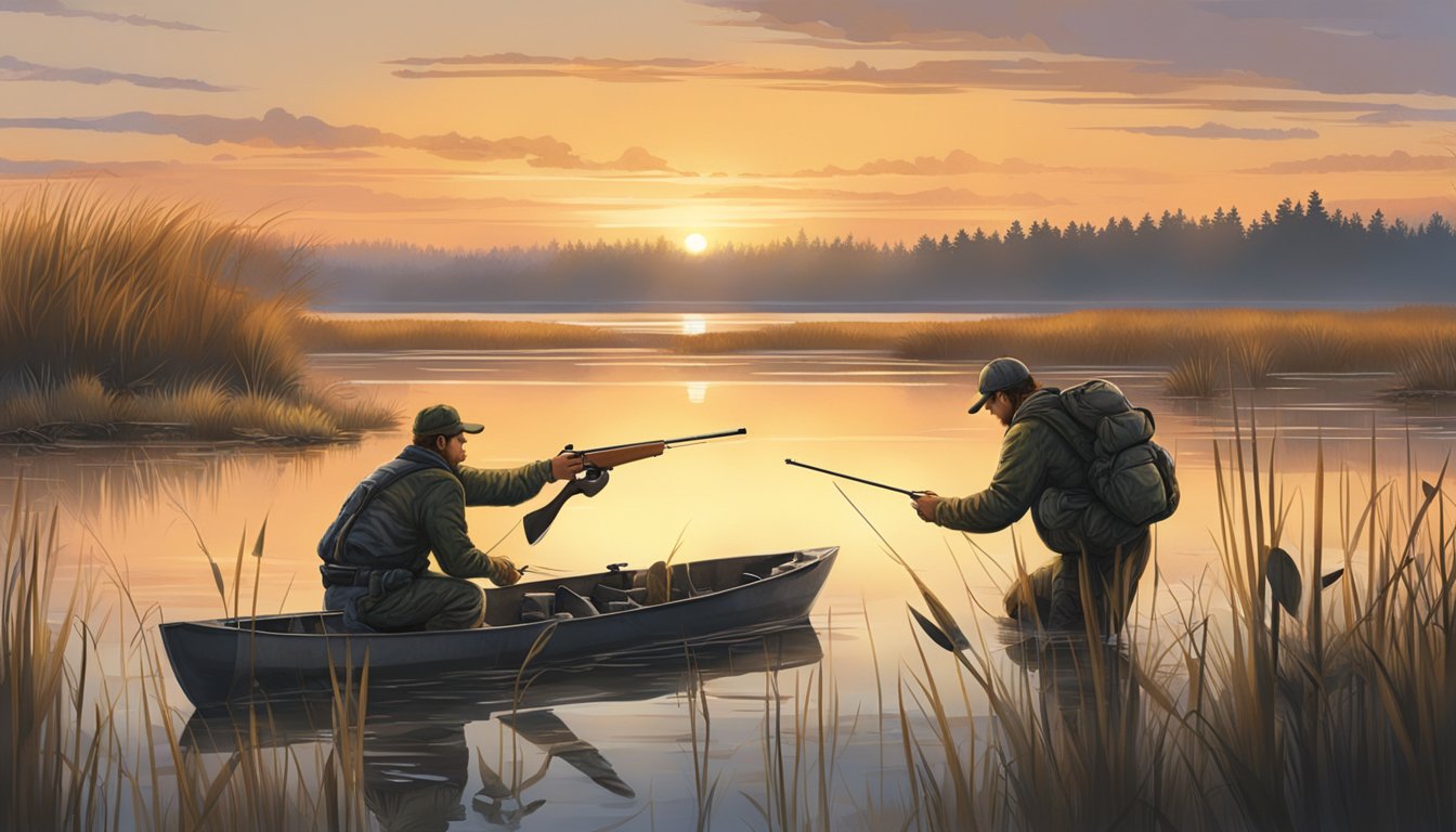 A hunter setting up decoys in a marsh at sunrise