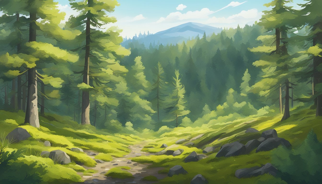 A dense forest with tall spruce trees, scattered shrubs, and patches of moss-covered ground under a clear, sunny sky