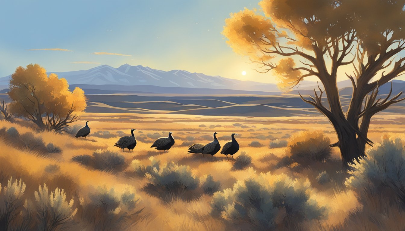 A clear, crisp autumn morning with golden sunlight filtering through the sagebrush. A group of sage grouse are visible in the distance, their distinctive shapes silhouetted against the horizon