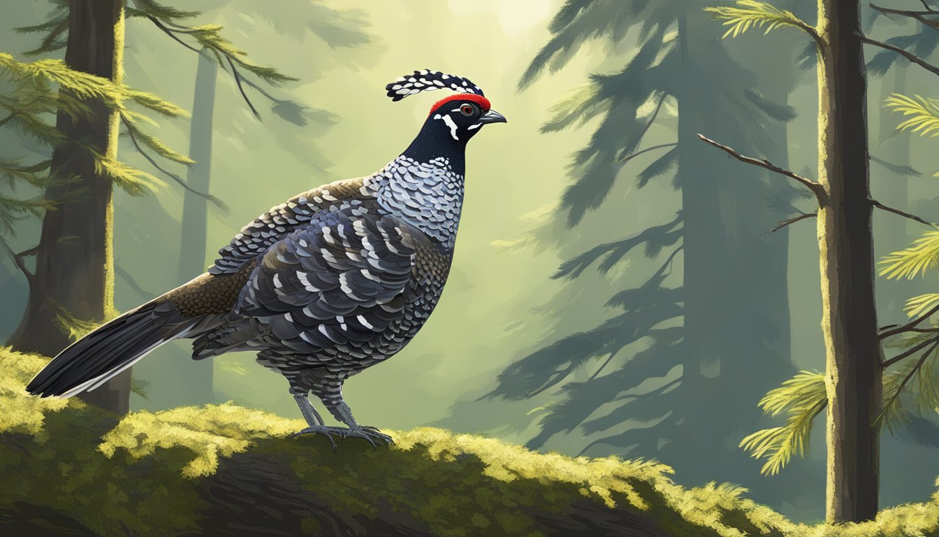 A spruce grouse perched on a moss-covered branch in a dense forest, with dappled sunlight filtering through the trees