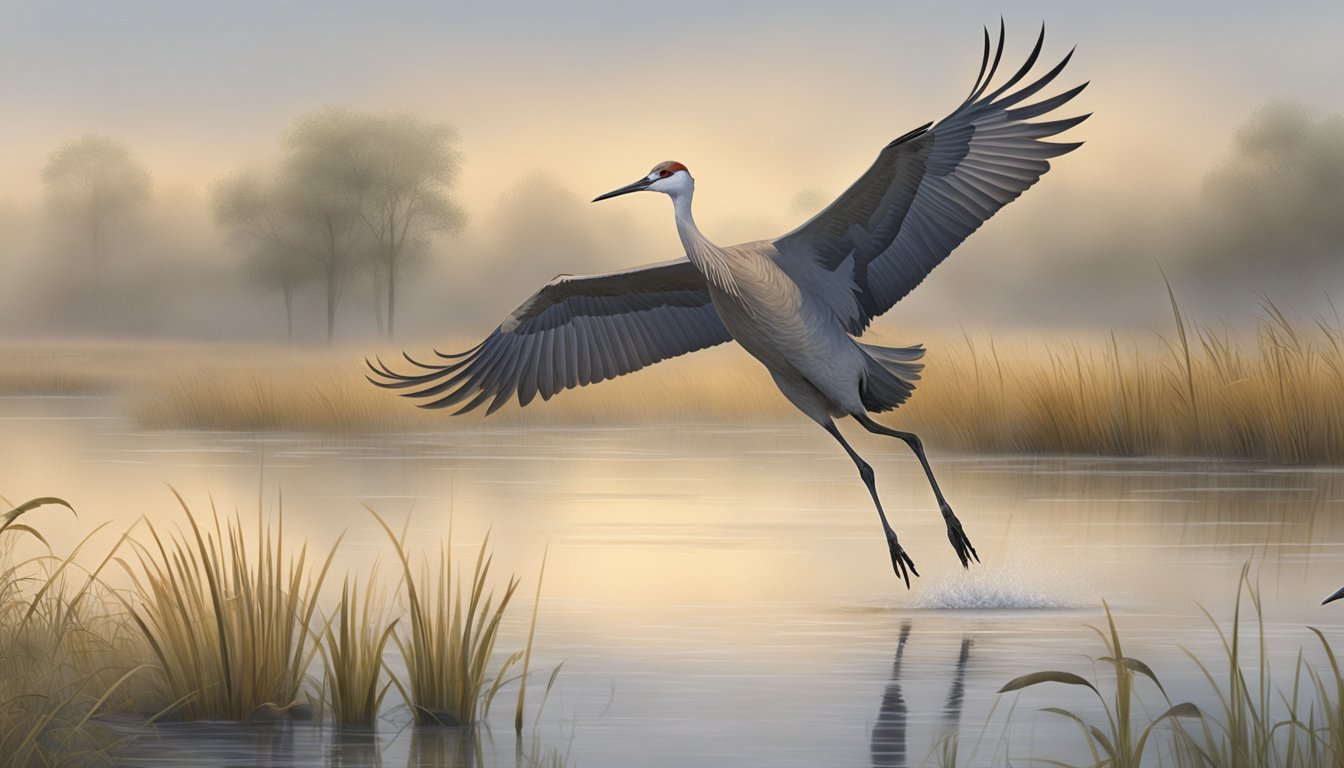 A sandhill crane swoops down to catch prey in a marshy wetland during early morning fog