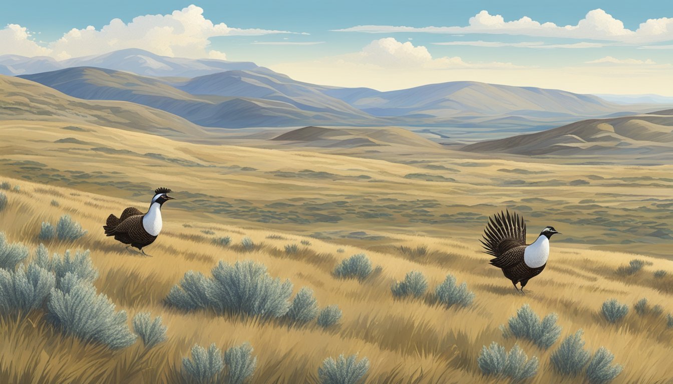 Open grassland with scattered sagebrush under a clear blue sky. Rolling hills in the distance. A group of sage grouse in the foreground