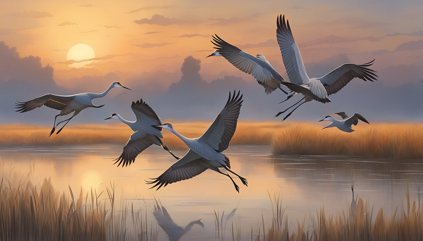 A group of sandhill cranes fly gracefully over a wetland at sunset, their distinctive calls echoing through the calm, misty air