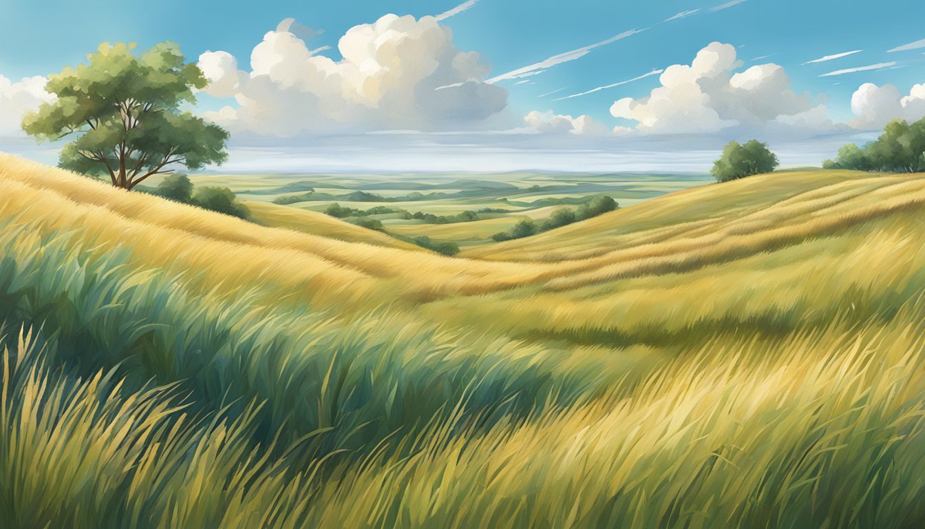 A wide open prairie with rolling hills and tall grass, under a clear blue sky with scattered clouds