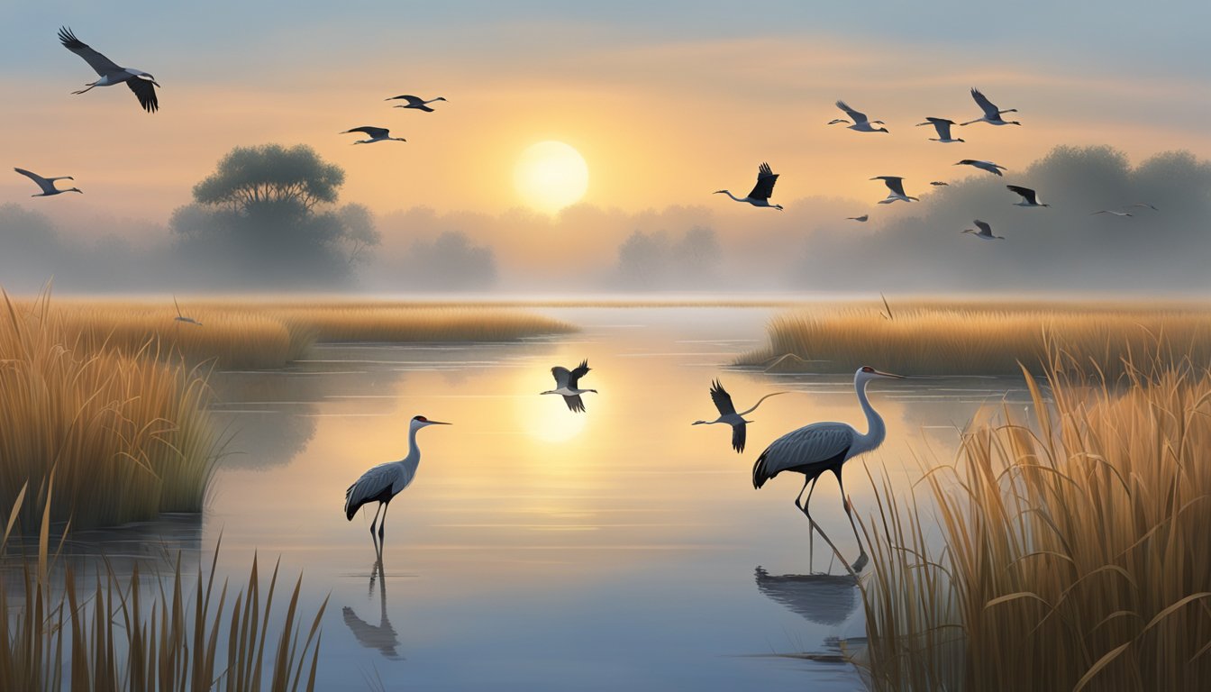 A misty morning sunrise over a marshland with sandhill cranes feeding and flying, surrounded by tall grass and cattails