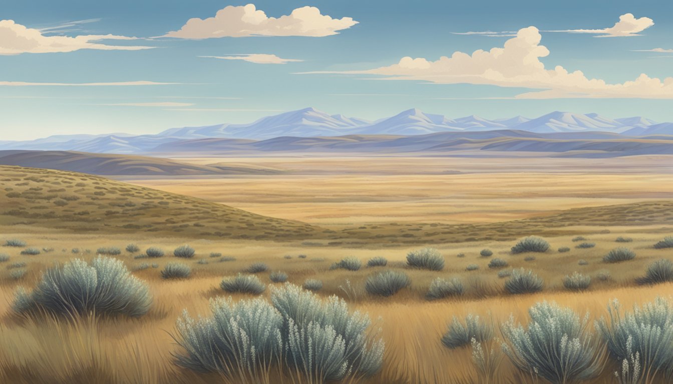 A vast, open prairie with rolling hills and scattered sagebrush. A group of sage grouse can be seen in the distance, blending in with the landscape