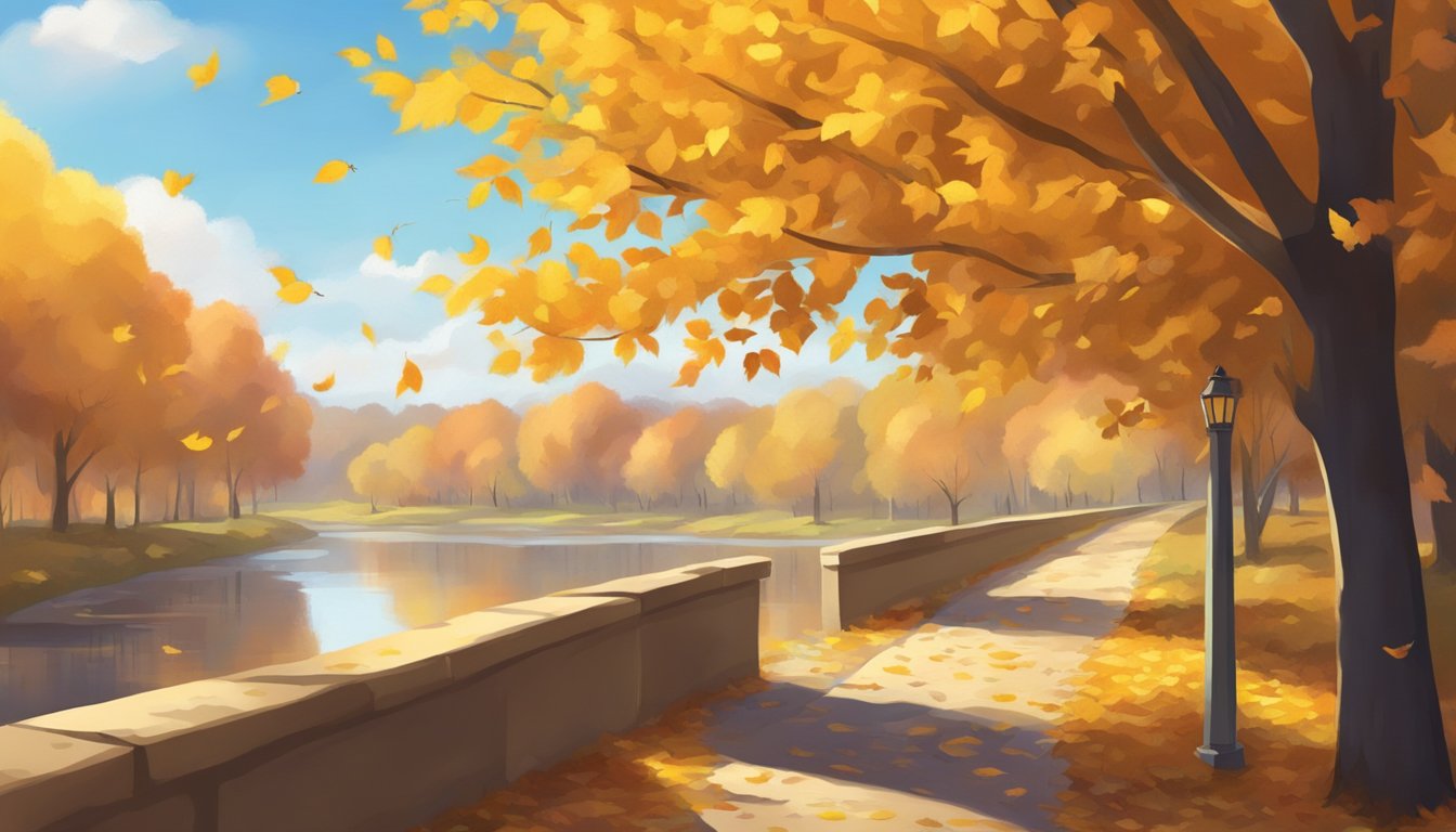 A sunny, crisp autumn day with golden leaves falling, a gentle breeze, and the sound of distant bird calls