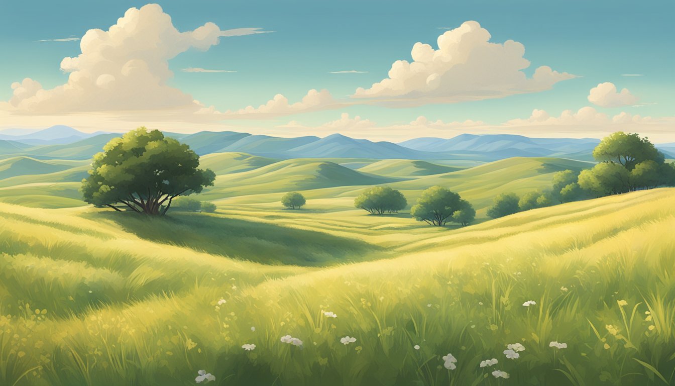 A clear, sunny day in a vast, open grassland with rolling hills, scattered shrubs, and a few small trees