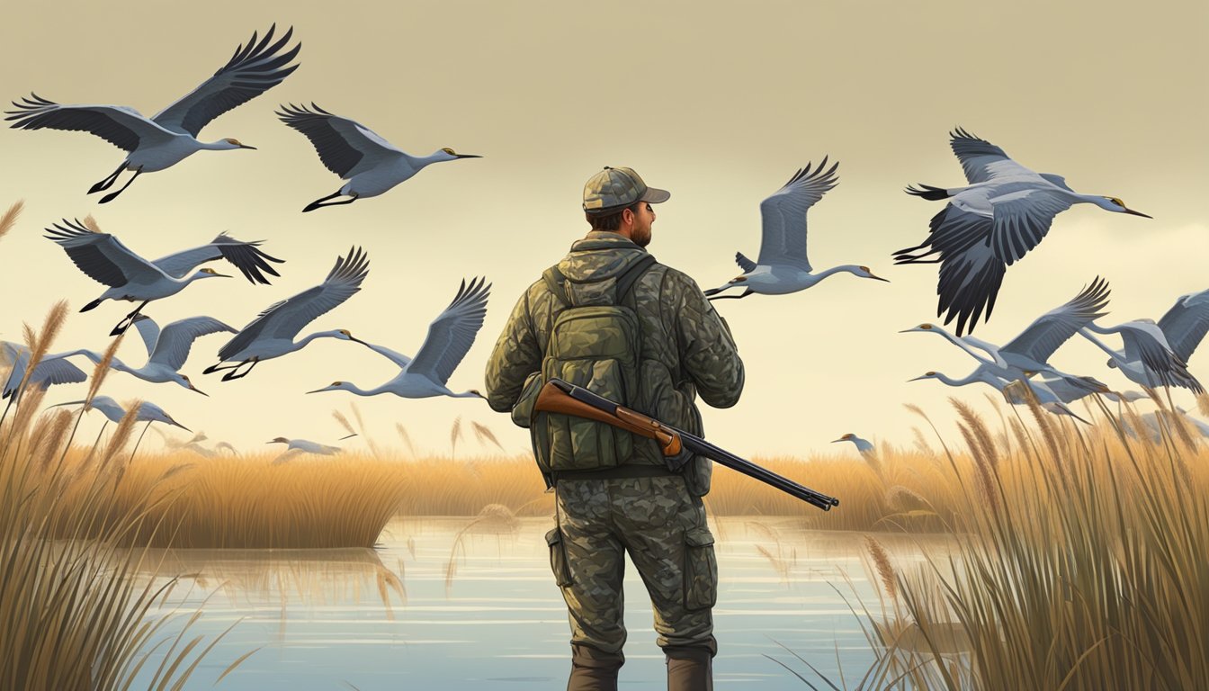 A hunter wearing camouflage gear aims a shotgun at a flock of sandhill cranes in a marshy wetland, surrounded by tall grass and reeds