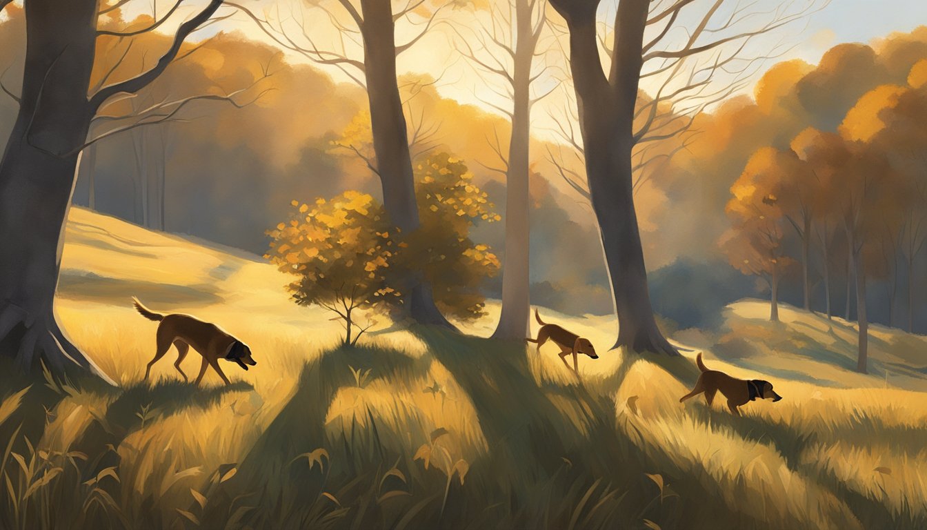 Golden sunlight filters through the trees, casting long shadows on the grassy upland. A gentle breeze rustles the leaves as a pair of hunting dogs eagerly sniff out the scent of game birds