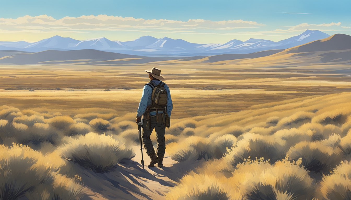 A hunter standing in a vast, open sagebrush plain, with a clear blue sky and the sun casting long shadows. Sage grouse are visible in the distance