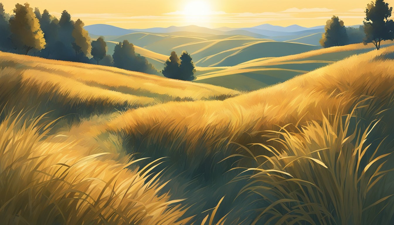 Golden sunlight filters through tall grasses and scattered trees, casting long shadows on the rolling hills. A gentle breeze rustles the leaves, and the sky is clear and blue