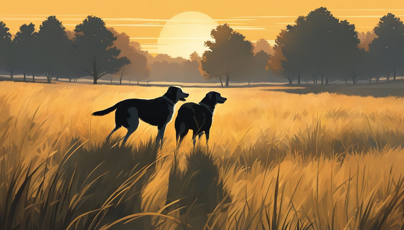 A golden sunset casts long shadows over a rolling field of tall grass and scattered brush, as a pair of hunting dogs eagerly sniff the crisp autumn air