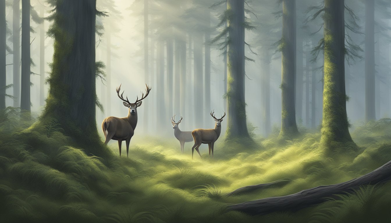 A misty morning in the Sitka forest, with dew-covered grass and tall, moss-covered trees. The air is cool and still, perfect for Sitka deer hunting