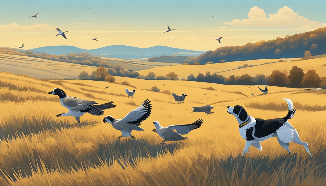 Golden fields under a clear blue sky, with rolling hills and scattered trees. A group of upland birds in flight, with a hunting dog in the foreground