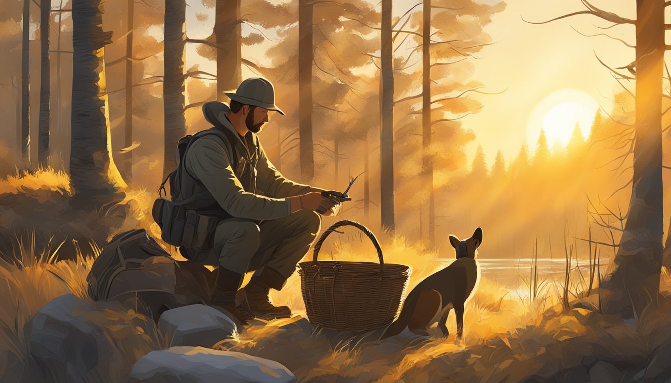 Golden sunlight filters through the trees as a hunter prepares gear. After the hunt, birds are nestled in a basket, with a backdrop of a setting sun