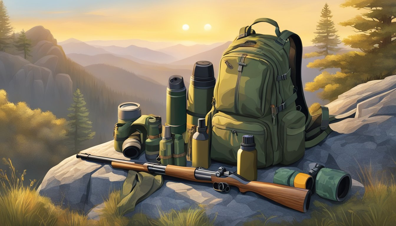 A hunter's backpack with camouflage gear, binoculars, rifle, and scent control spray laid out on a rocky outcrop in the early morning light