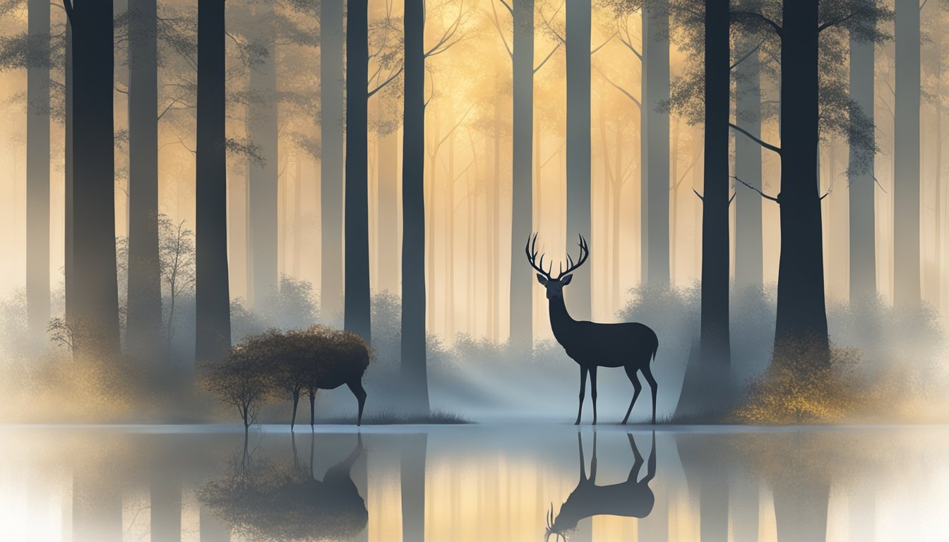 A misty forest clearing at dawn, with a single sika deer grazing peacefully in the soft, golden light