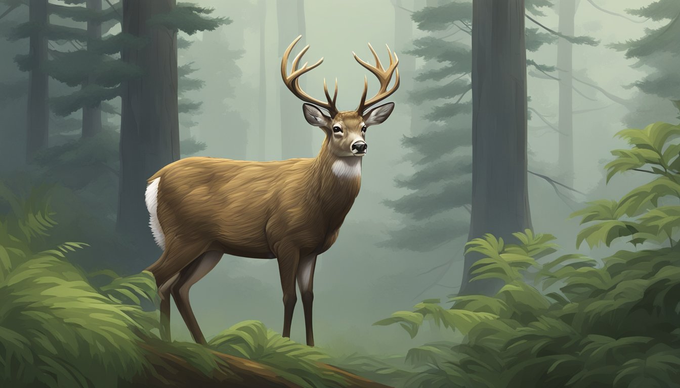 A Sitka deer stands alert in a misty forest, surrounded by lush green foliage and a gentle drizzle