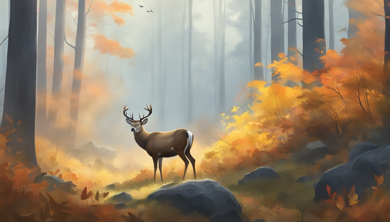 A misty morning in a dense forest, with vibrant autumn foliage and a sika deer cautiously grazing in the clearing