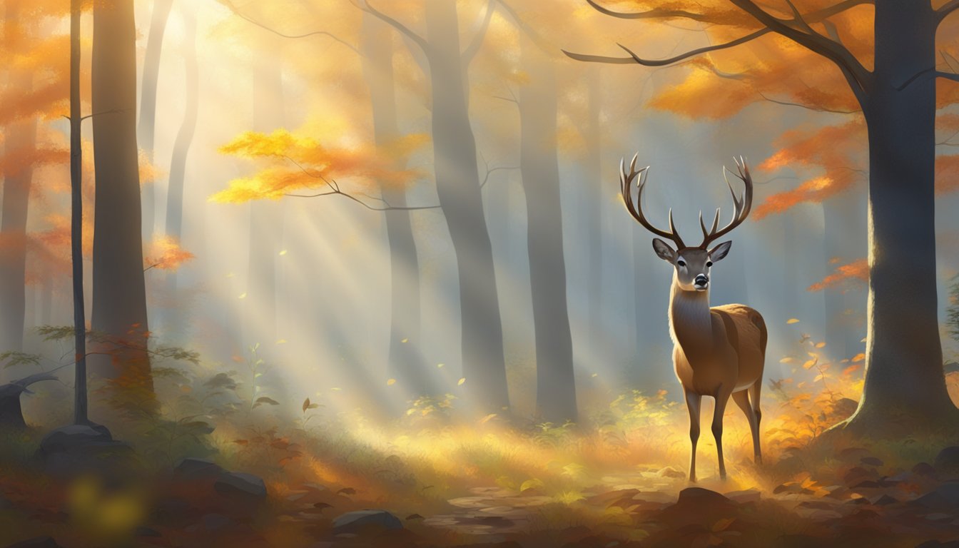 A misty morning in a dense forest, with sunlight filtering through the trees. A sika deer stands alert in a clearing, surrounded by vibrant autumn foliage