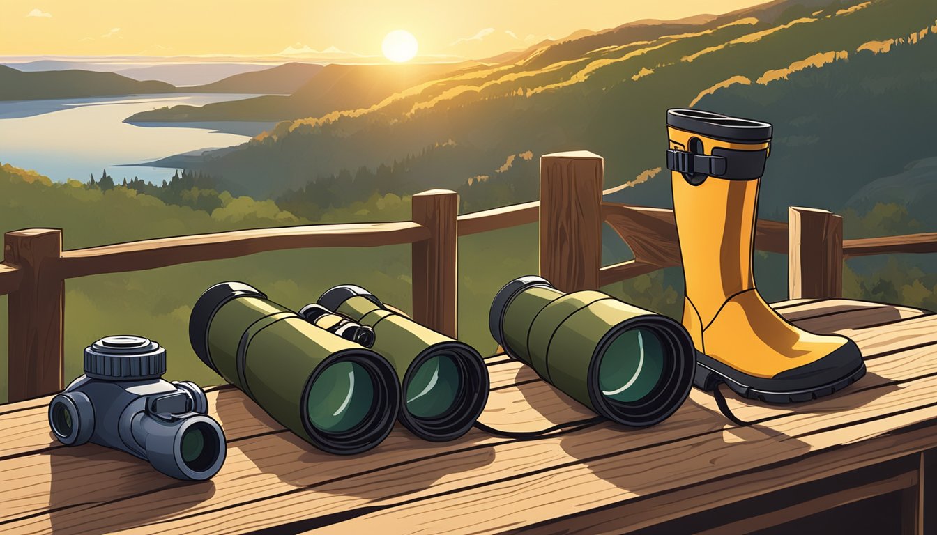 A pair of binoculars and a field guide lay on a wooden table next to a pair of rubber boots. The sun is shining, casting a warm glow over the gear