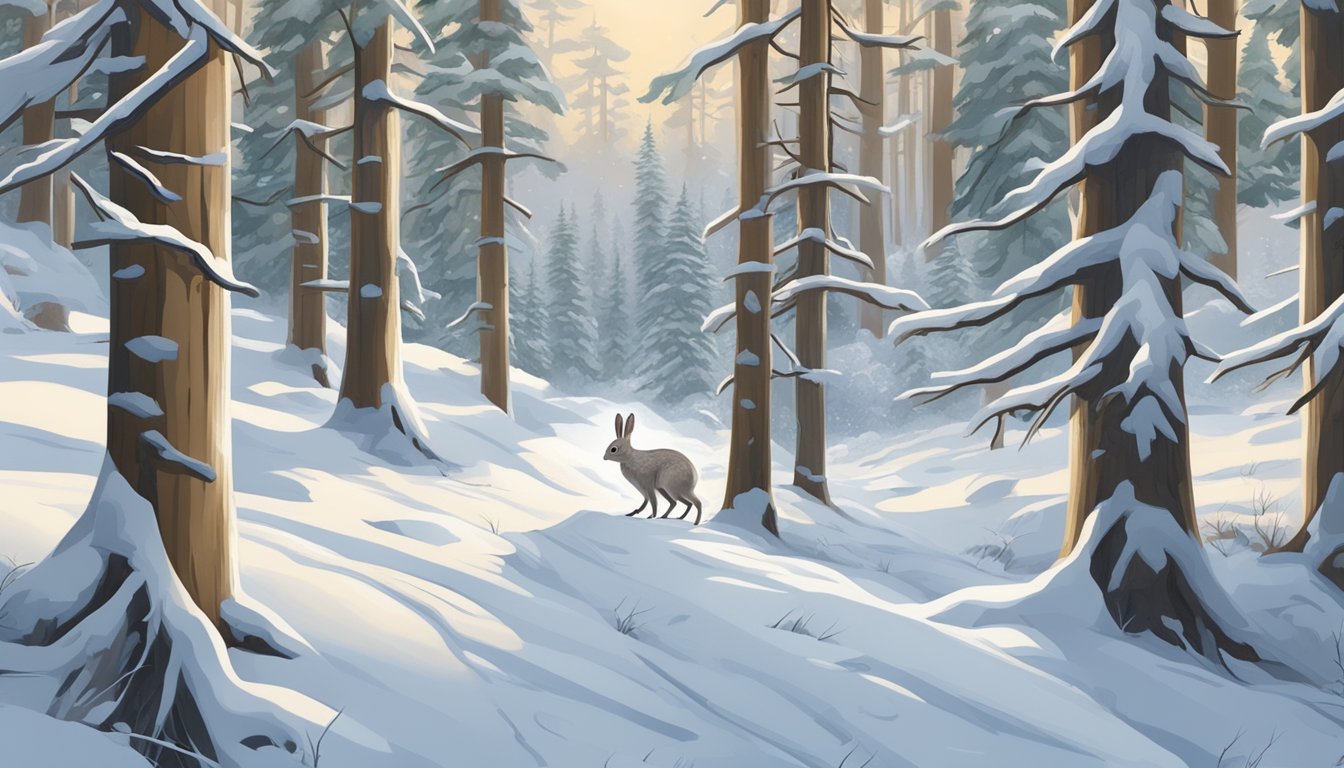 A snow-covered forest with a snowshoe hare blending into the white landscape, surrounded by evergreen trees and patches of bare ground