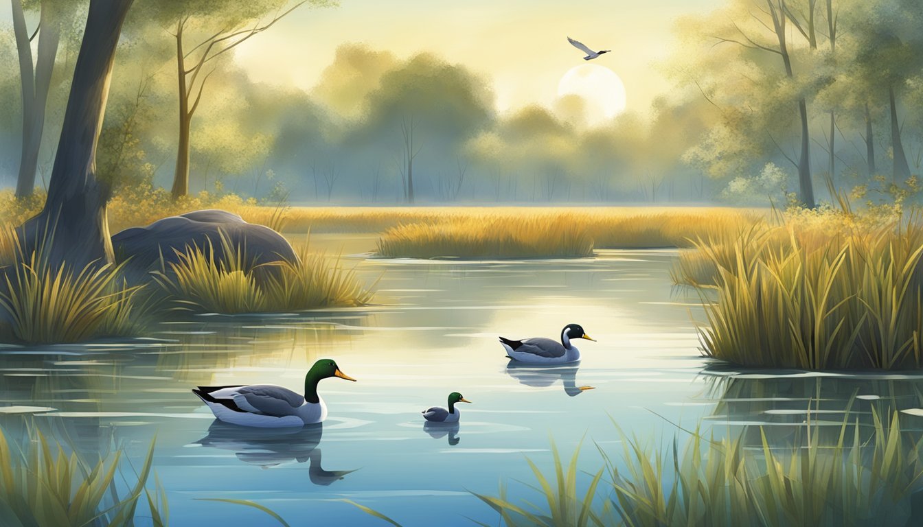 A serene wetland with various waterfowl species in their natural habitat, under a clear blue sky with gentle sunlight