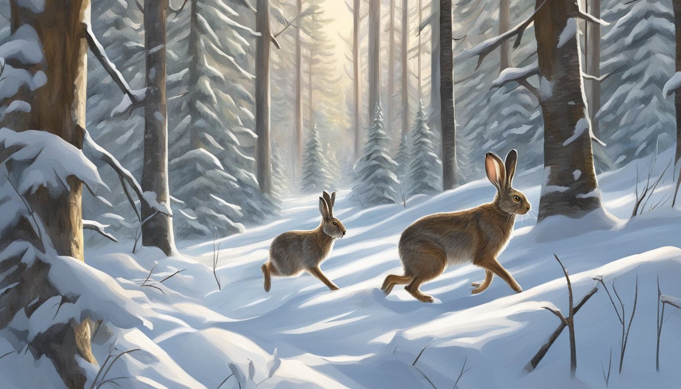 Snowshoe hare hunting in a snowy forest, with a hunter using tracking and stealth techniques to pursue the elusive prey