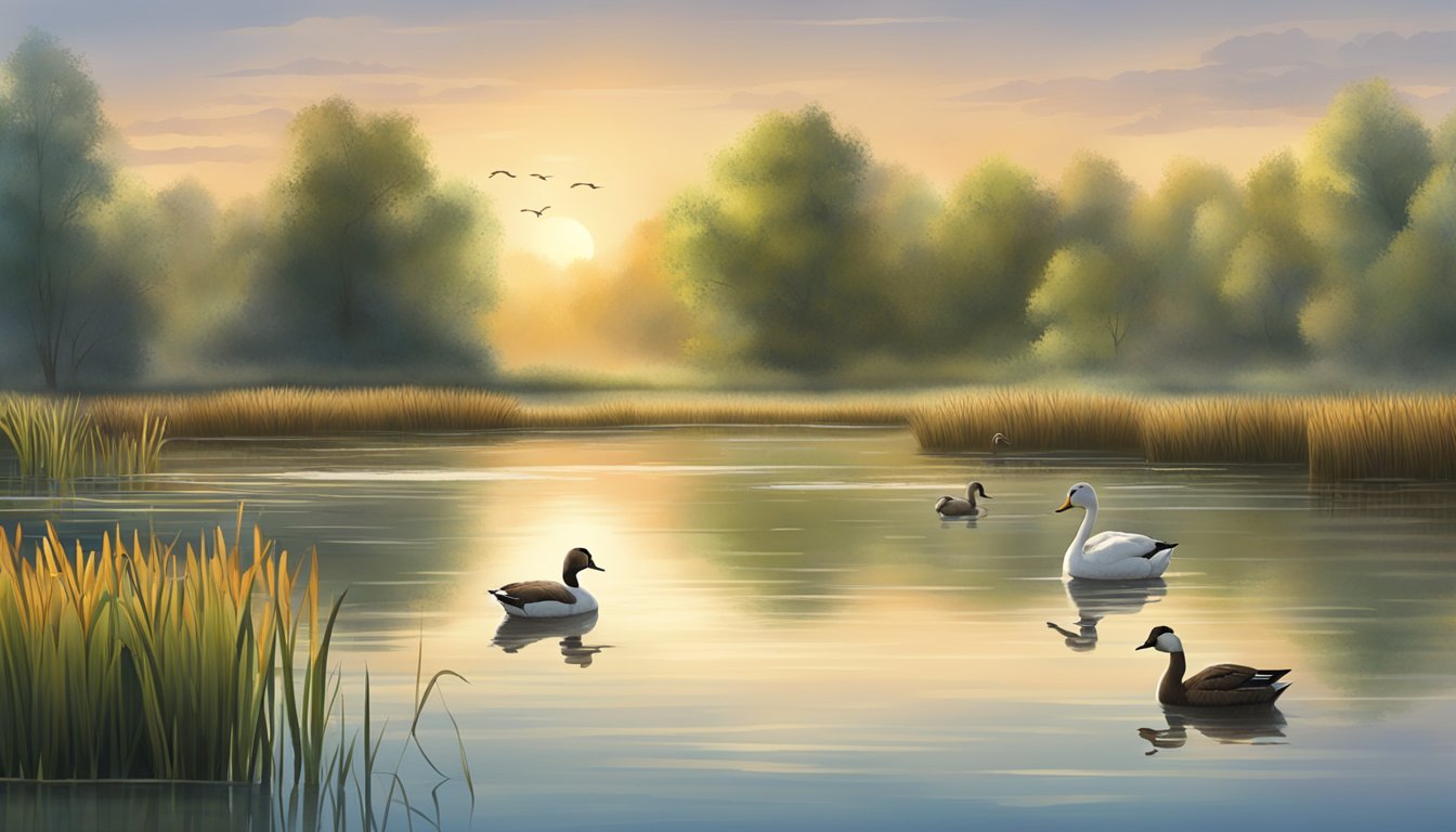 A serene lake surrounded by reeds and cattails, with a variety of waterfowl such as ducks, geese, and swans swimming and foraging in the calm water