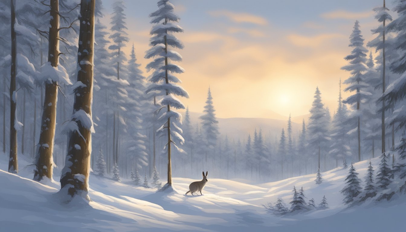 Snow falls gently in a dense forest, covering the ground in a soft blanket of white. The air is still and quiet, creating optimal conditions for snowshoe hare hunting