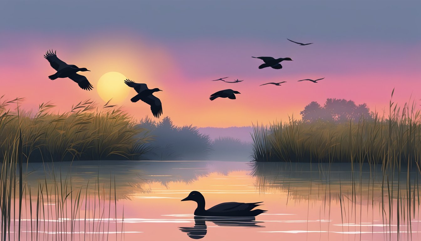 Waterfowl silhouetted against a colorful sunset, flying low over a marsh with tall grasses and calm water