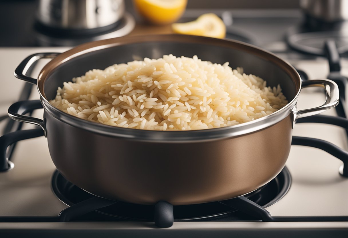 Uma panela de arroz integral de cozimento rápido borbulhando no fogão, com vapor subindo, e um timer ajustado próximo. Ingredientes como caldo e temperos estão sobre a bancada.