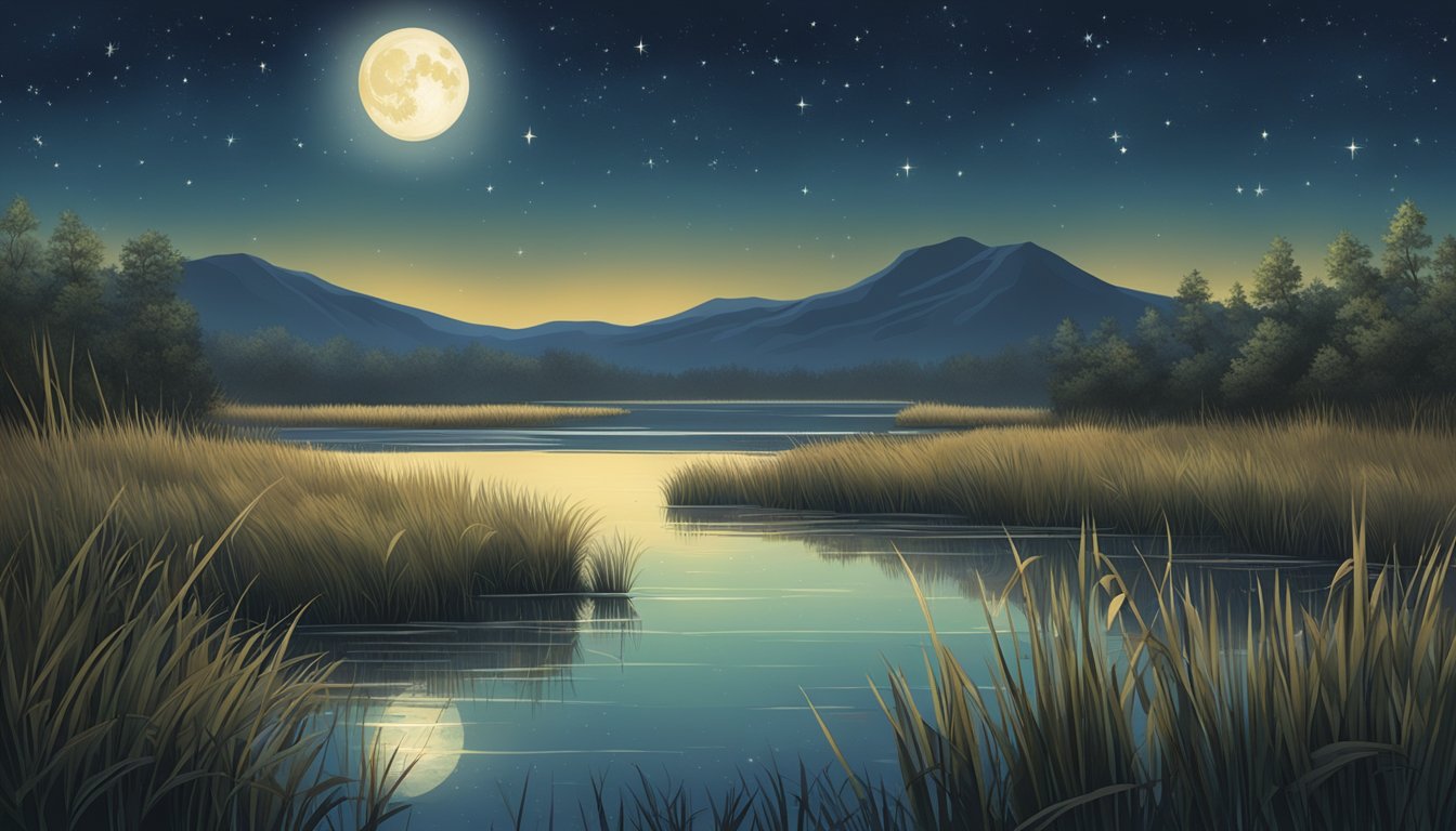 A moonlit marsh with tall grasses and a clear, starry sky, perfect for snipe hunting