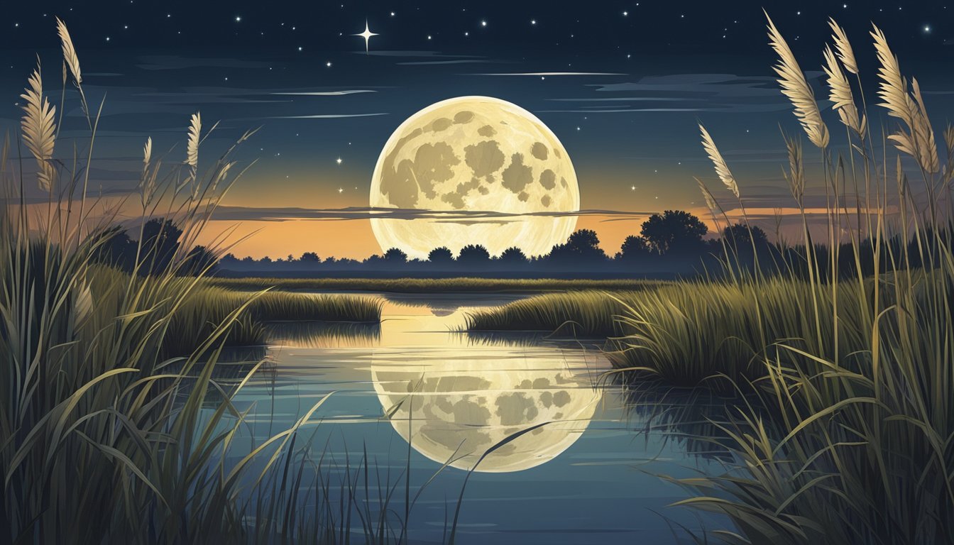 A clear, starry night with a full moon illuminating a marshy wetland, surrounded by tall grass and reeds, creating the perfect setting for snipe hunting