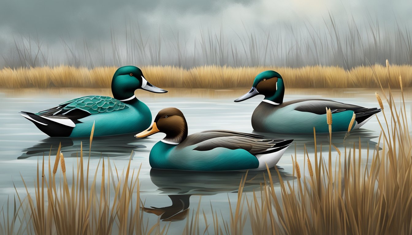 Teal decoys floating on calm water under overcast skies, surrounded by marsh grass and scattered cattails